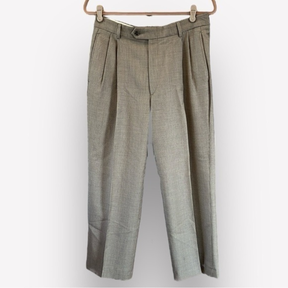 🍿🐠Claiborne worsted wool suit pant lined herringbone plaid tan pockets W32 short